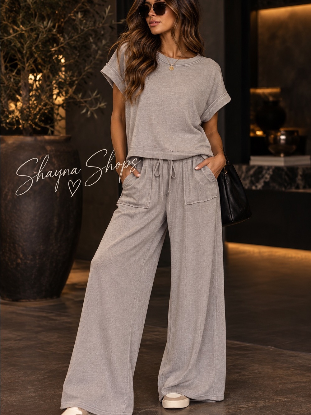 Zenana Slub Knit Wide-Leg Lounge Pants Set- Acid Wash Sleet Gray